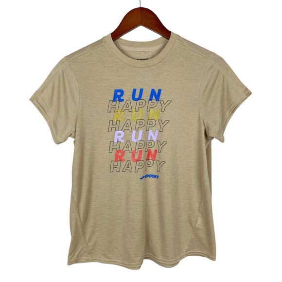 Brooks Tops - Brooks Run Happy T-shirt Short Sleeve Tee Shirt Tan Active Top Women's M